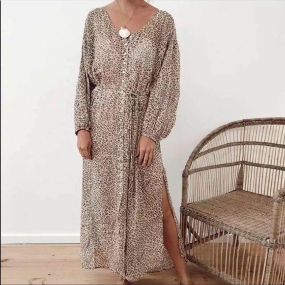 Bohemian Leopard Print Maxi Dress Button Up Gypsy - Picture 4 of 16